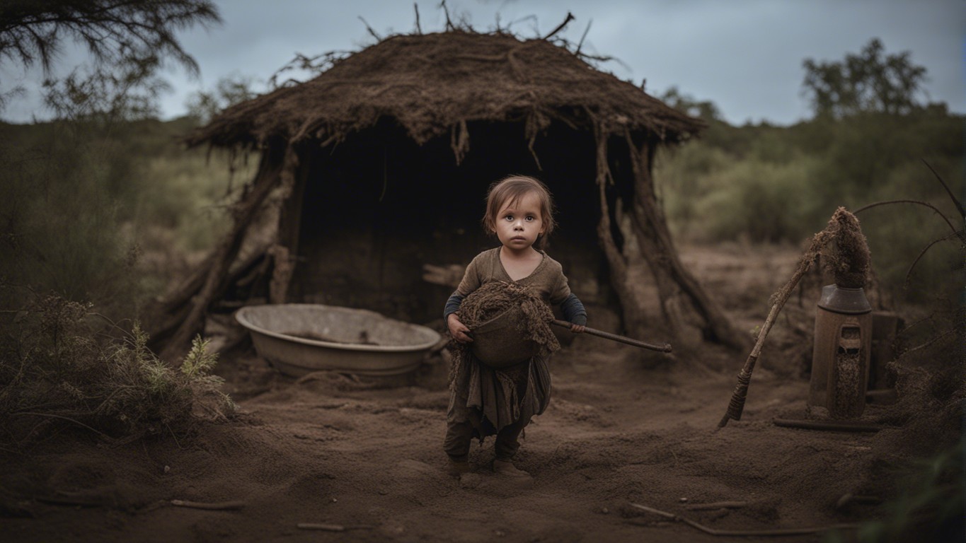 dusk. telephoto lens, feral human child, partially covered in dirt and dry mud, in front of hut